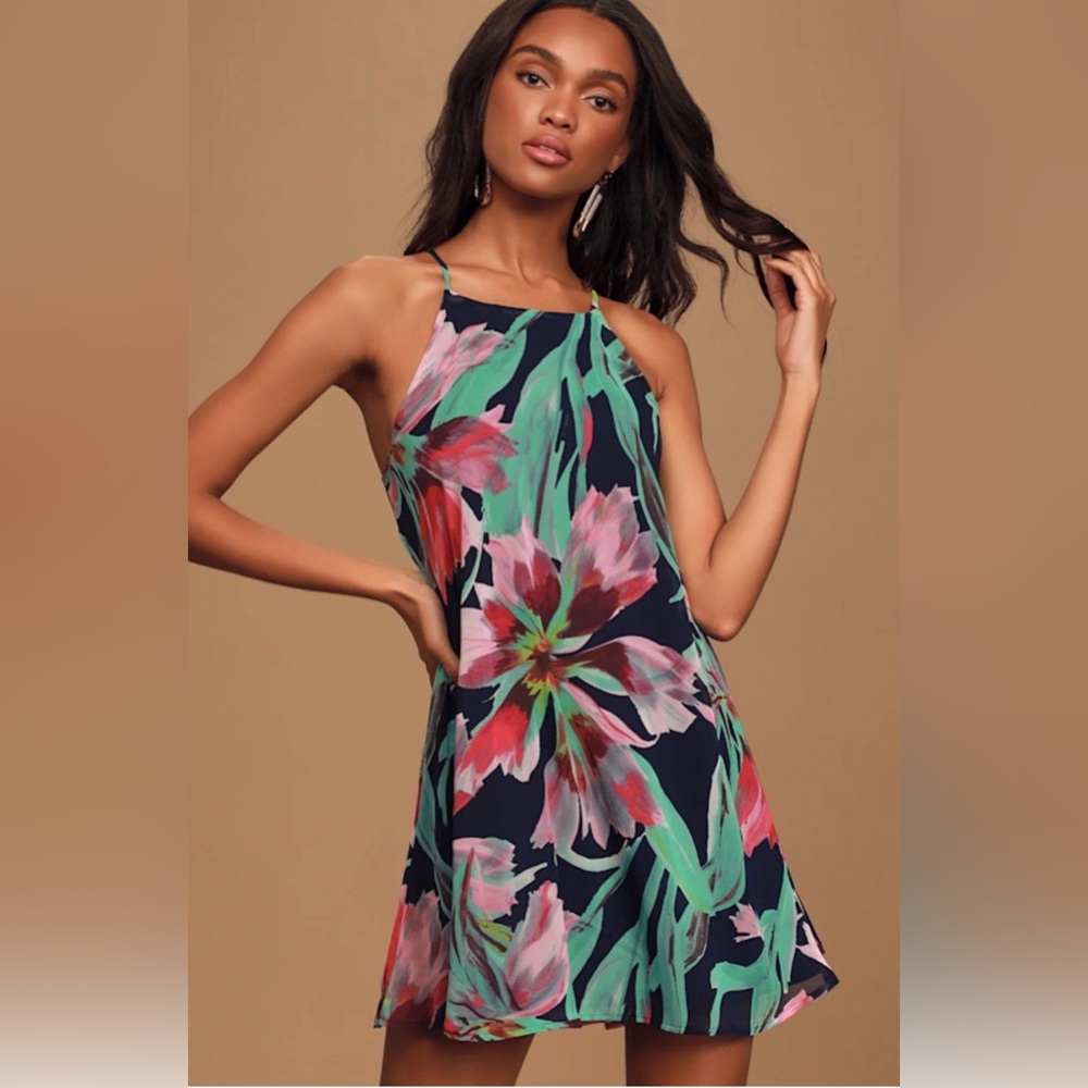 Lulus Here and Luau Navy Multi Floral Print Swing Dress